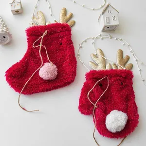 3D wool felt Christmas stocking and glove ornaments with golden antlers in red plush