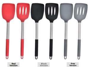 Silicone spatula set in red black and grey with stainless steel handles and hanging holes
