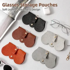 Portable Glasses Pouch PU Leather Lychee Pattern Sunglasses Case With Hanging Hook Snap Button Travel Protector