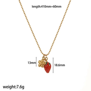 Golden bead necklace with strawberry and flower pendant, 410mm stainless steel jewelry
