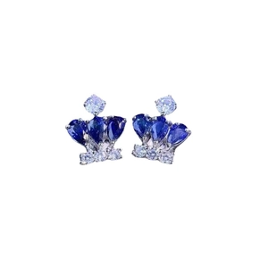 Elegant crown stud earrings with pear-cut sapphire blue stones and white zircon accents