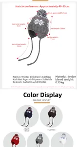 Detailed size chart for kids winter knit hat with earflaps and snowflake pattern