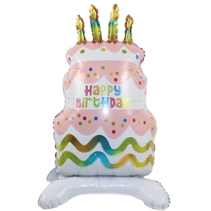 Standing pink and white tiered cake foil balloon with gold candles for birthday party decor