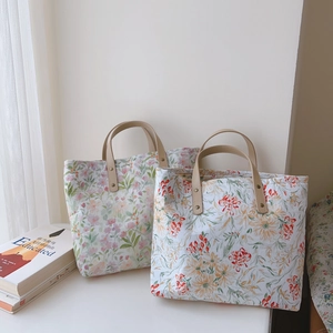 Sacs cabas en coton à imprimé floral lavande et orange avec poignées en cuir