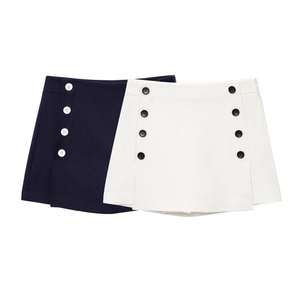 Gonna-pantalone da donna a vita alta con bottoni decorativi in blu e bianco