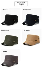 Close-up of flat top military caps showing side metal eyelets and golden badge details