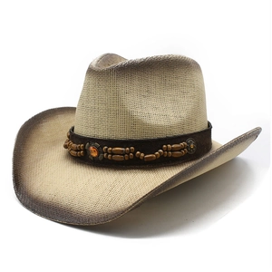Wide brim western straw cowboy hat with gradient spray paint and beaded leather band