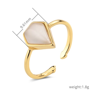 Detail of gold-plated open ring with a kite-shaped opal stone and size measurements