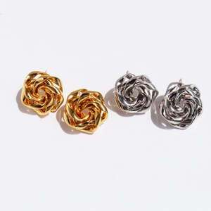 Rose Flower Stud Earrings Brass Gold Plated With 925 Sterling Silver Earring Post Vintage Chic Spiral For Women