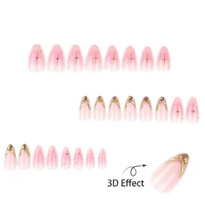 French gold 3D star and moon press on nails with elegant pink gradient almond shape