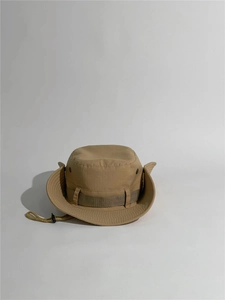 Detail view of khaki outdoor boonie hat showing stitching and adjustable windproof cord