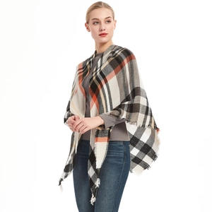 Classic plaid cashmere-feel triangle scarf with fringe in black, grey and orange colors
