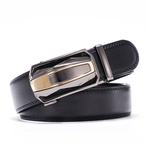 Classic men's black leather belt with textured finish and geometric automatic metal buckle