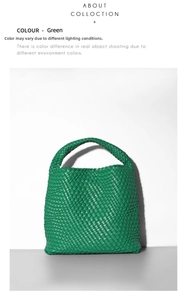 Detail showing high-quality green woven leather texture and integrated handle design