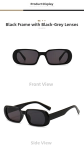 Detail view of small oval sunglasses with black frames and dark grey lenses for a retro look