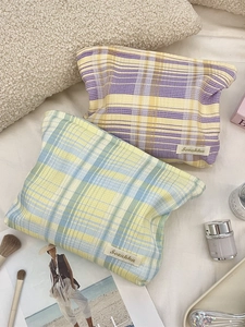 Large plaid cotton makeup bags in purple and green colors for travel toiletries