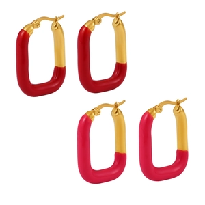 Boucles d'oreilles en U acier inoxydable plaqué or 18K et émail rouge et rose