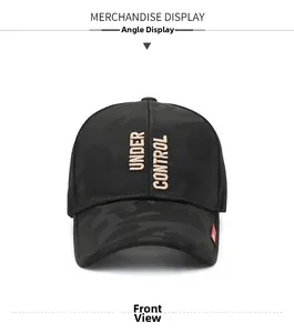 Detailed front view of black camo baseball cap with 3D Under Control embroidery