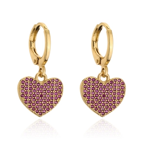 Detailed view of 18K gold plated heart earrings with pavé pink zircon stones