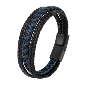 Men's multi-layer woven leather bracelet in black and blue with magnetic buckle