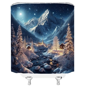 Waterproof polyester shower curtain featuring a starry winter snow mountain town landscape