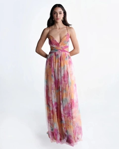 Detail of V-neck mesh maxi dress with side cut-outs and colorful gradient dye print