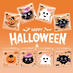 Detail of Halloween self-adhesive cookie bags with cartoon ghost, bat, and cat designs