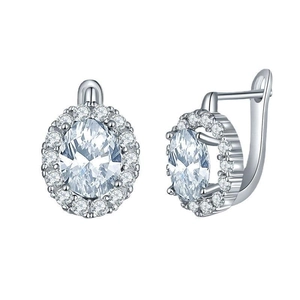 Macro view of oval cubic zirconia halo leverback earrings in silver finish