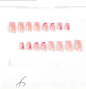 Detailed set of 24 pink and white French tip press-on nails in various sizes