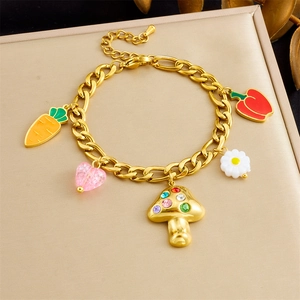 Stainless Steel Vegetable Pendant Bracelet Enamel Mushroom Carrot Chili Heart Flower Rhinestone Thick Chain For Women