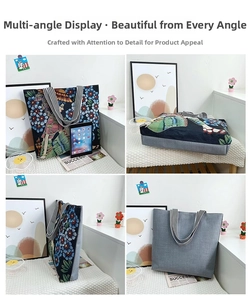 Detailed four-angle view of a colorful patterned canvas tote bag showing all sides
