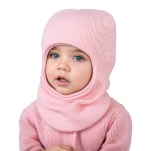 Close-up of baby pink knit balaclava hat with soft high-elastic fabric and neck cover