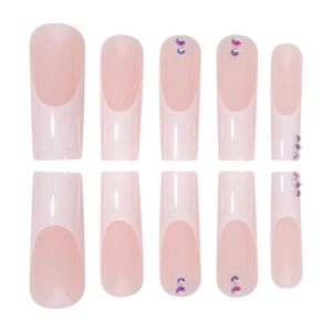 French tip press-on nails with sparkling rhinestones and a glossy pink finish