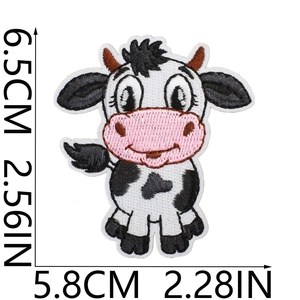 Detailed size measurement of a cute embroidered cow patch with clear dimensions