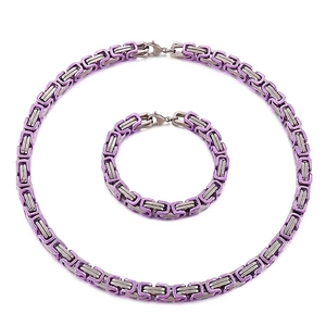 Byzantine chain jewelry set with 8mm stainless steel necklace and bracelet in purple and silver