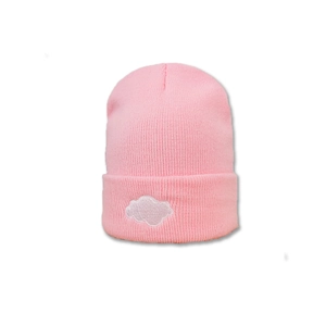 Pink Knit Beanie Hat Acrylic Warm Winter Cuffed Ribbed Cap With White Cloud Embroidery Fashion Casual For Women