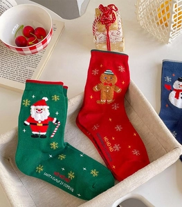 Detailed view of festive Christmas socks featuring Santa Claus and gingerbread patterns