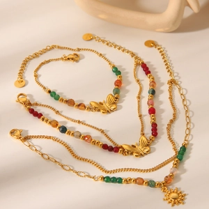 French vintage stainless steel gold chain bracelets with natural stones and butterfly charms
