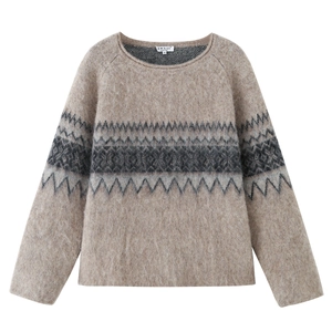 Women's crewneck long sleeve knit sweater with camel geometric jacquard pattern