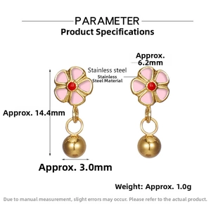 Detailed dimension guide for pink flower earrings in gold-plated stainless steel