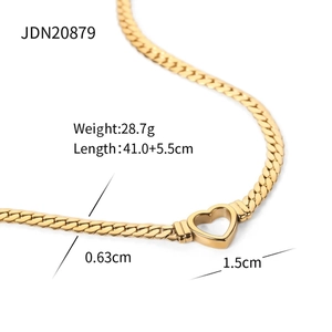 Chunky 14K gold plated flat Cuban link necklace with heart pendant and dimensions