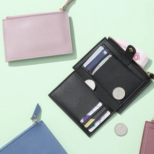 Slim multi-slot PU leather wallet with zipper pocket and metal snap button closure