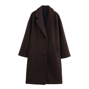 Women's dark brown long wool coat with minimalist double-button design and lapel collar