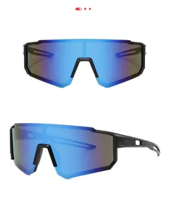 Detail of sports sunglasses with blue mirror lenses and matte black frame featuring hollow temples