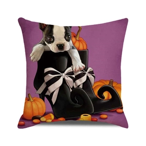 Detail of Halloween pillow featuring a cute dog in a witch boot with festive pumpkins