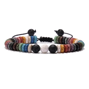Adjustable rainbow natural volcanic stone woven bead bracelet with tiger eye for men and women