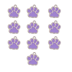 Detailed view of ten purple enamel cat paw alloy pendants for DIY necklace crafting