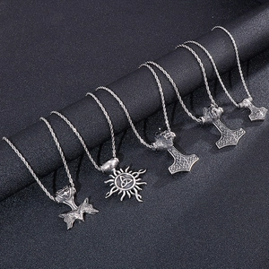 Nordic Viking Mjölnir hammer and wolf head steel pendants on twisted chain necklaces