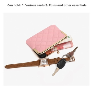 Pink quilted coin purse with gold clasp showing internal storage for cards and cash