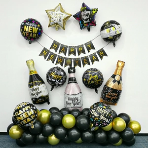 Festive Happy New Year balloon set with champagne foil and gold latex decorations